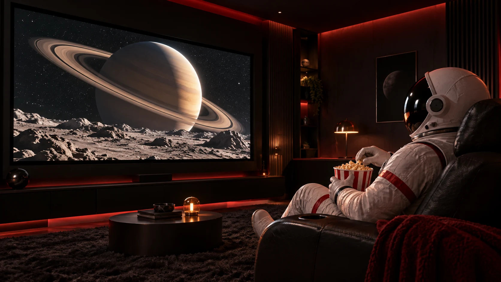 Un astronauta disfruta de una película con palomitas en una sala de cine